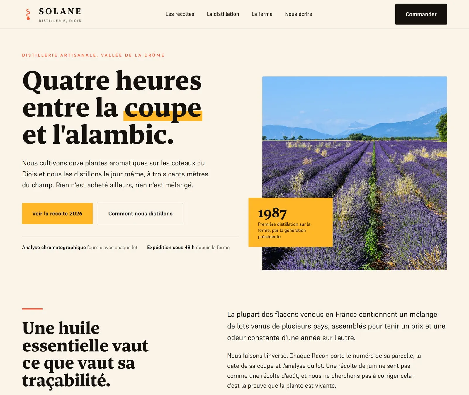 Le même producteur après refonte : une promesse lisible en grand, une photo de ses champs sur toute la hauteur, deux boutons d'action et ses preuves de sérieux affichées d'emblée.