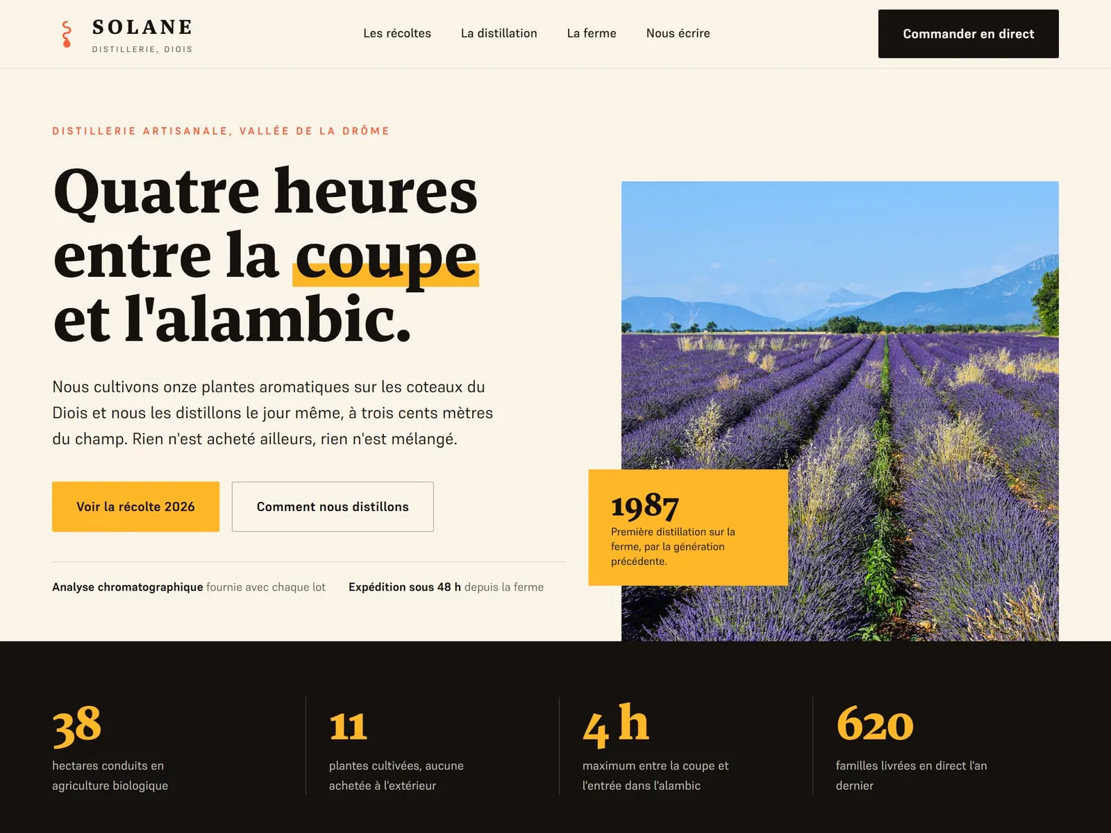 Le même producteur après refonte : une promesse lisible en grand, une photo de ses champs sur toute la hauteur, deux boutons d'action et ses preuves de sérieux affichées d'emblée.