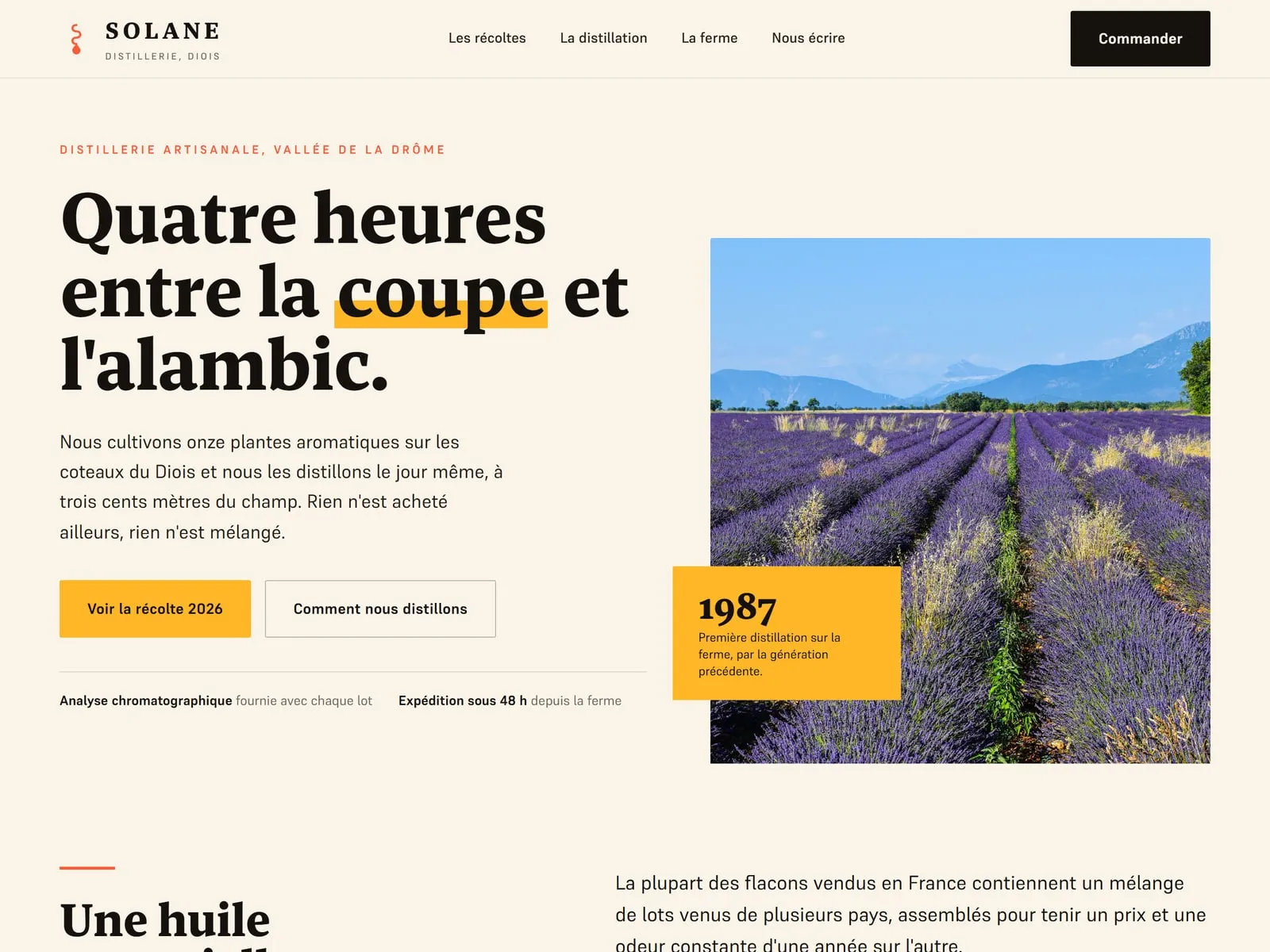 Le même producteur après refonte : une promesse lisible en grand, une photo de ses champs sur toute la hauteur, deux boutons d'action et ses preuves de sérieux affichées d'emblée.