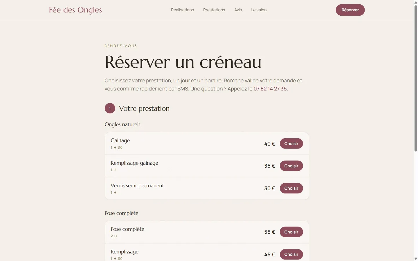 Écran de réservation en ligne du site Fée des Ongles