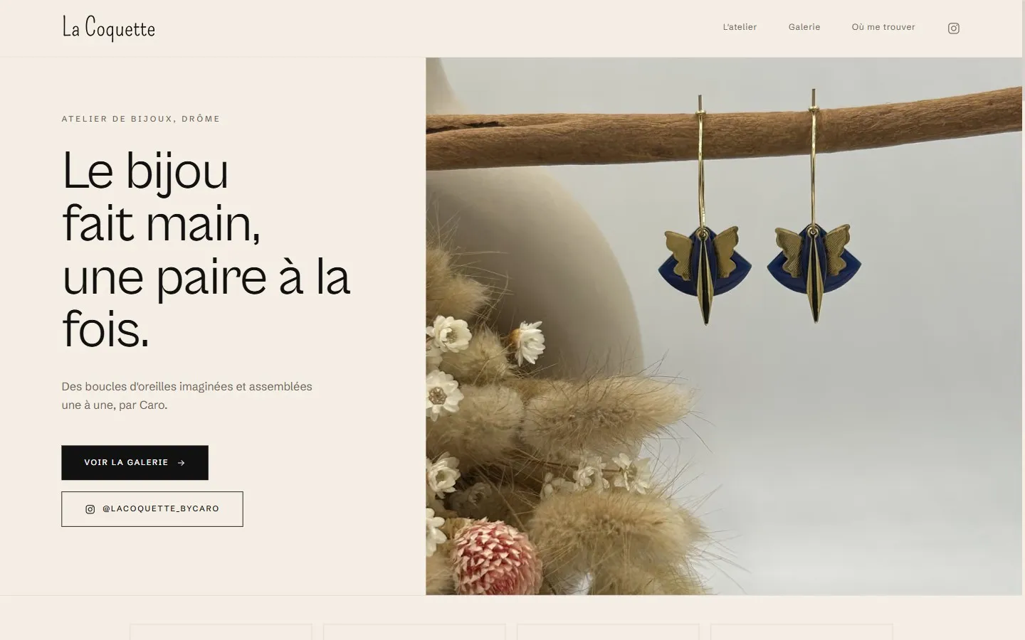Page d'accueil du site La Coquette, bijoux fait main
