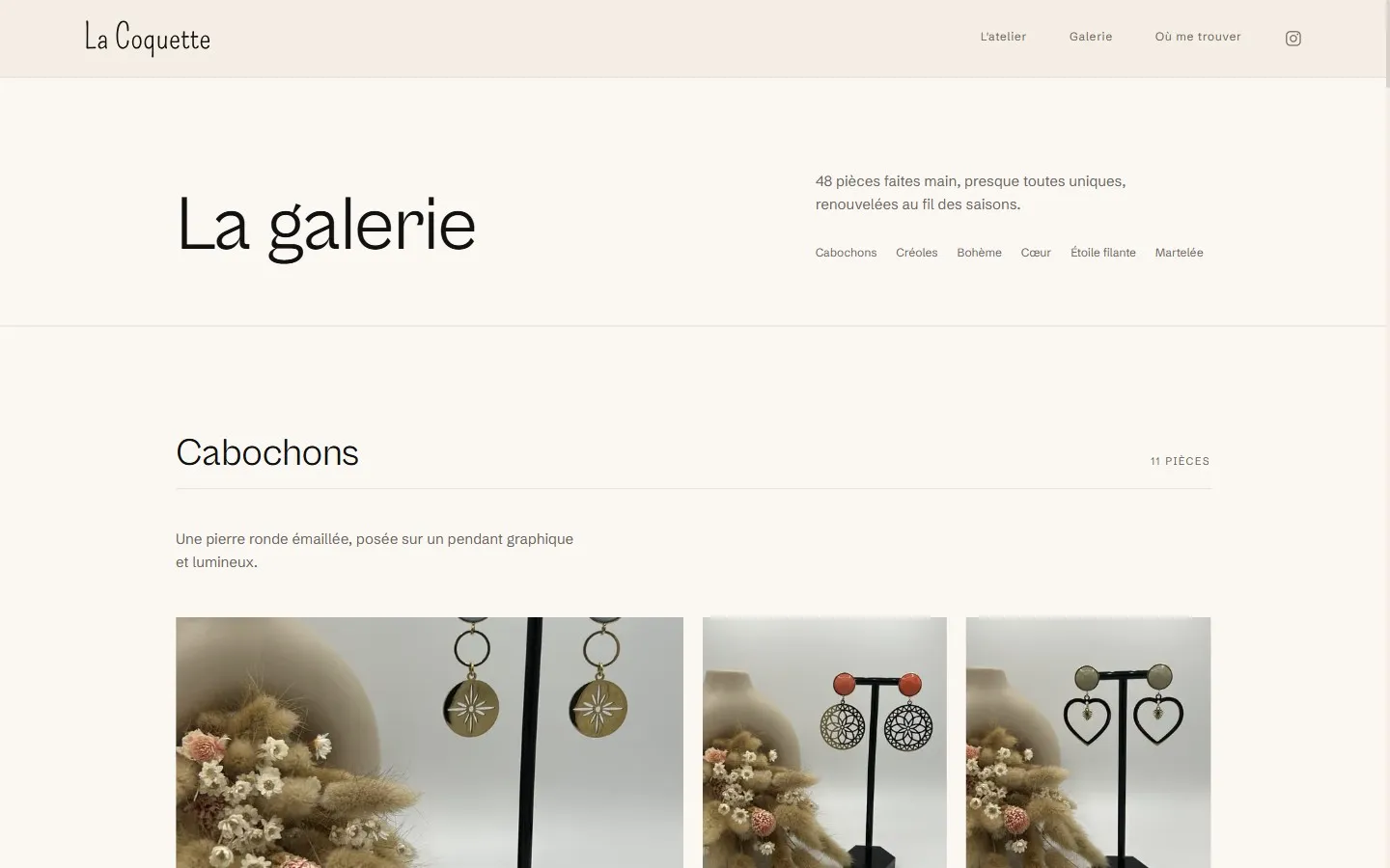 Page galerie du site La Coquette, collections de boucles d'oreilles