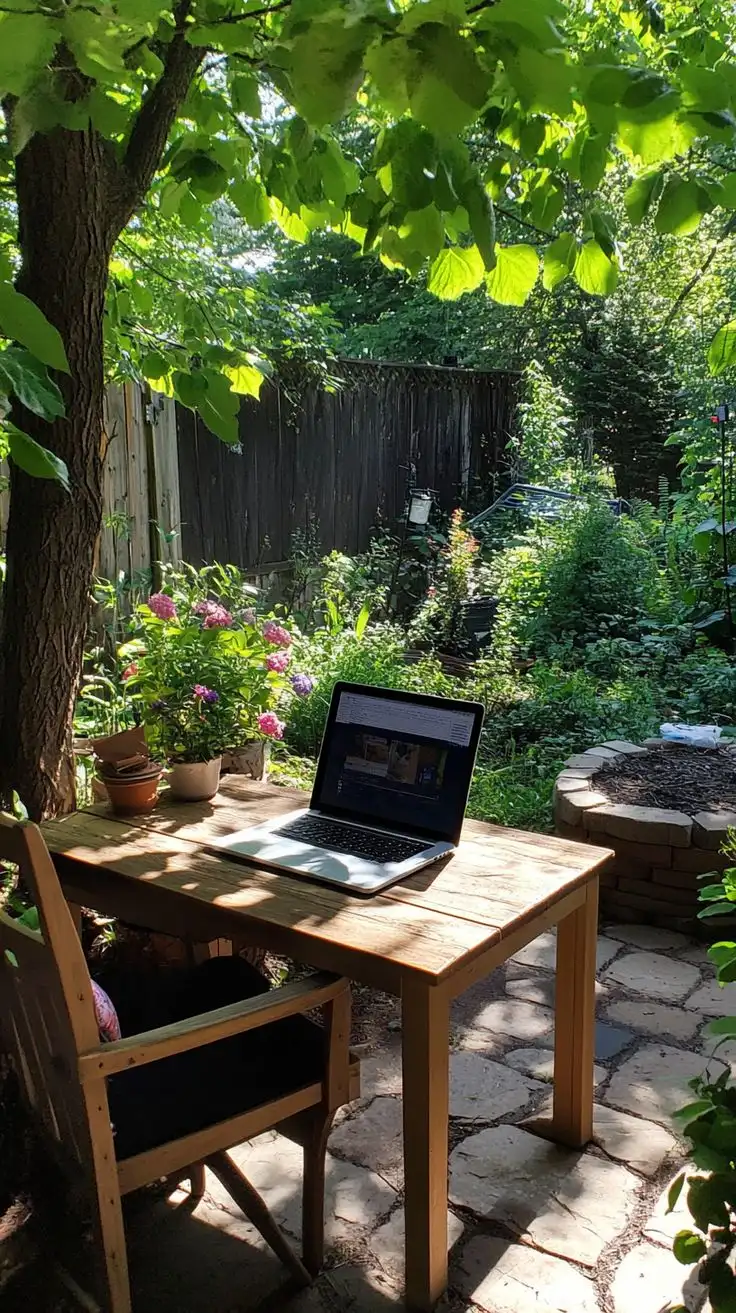Laptop ouvert dans un jardin verdoyant, création de site internet par Caelestis, Drôme